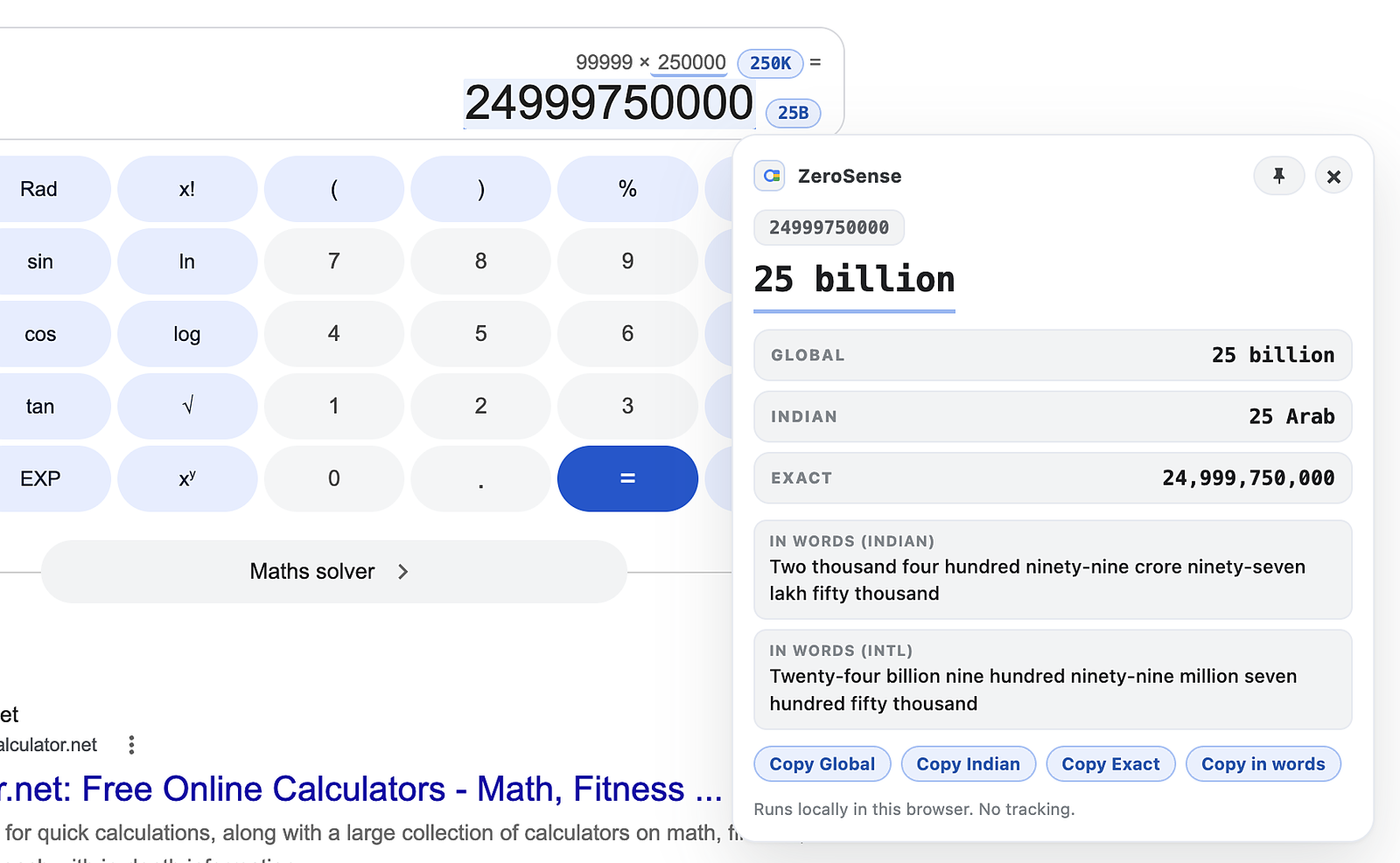 ZeroSense converting a calculator result of 24,999,750,000 into 25 billion with words