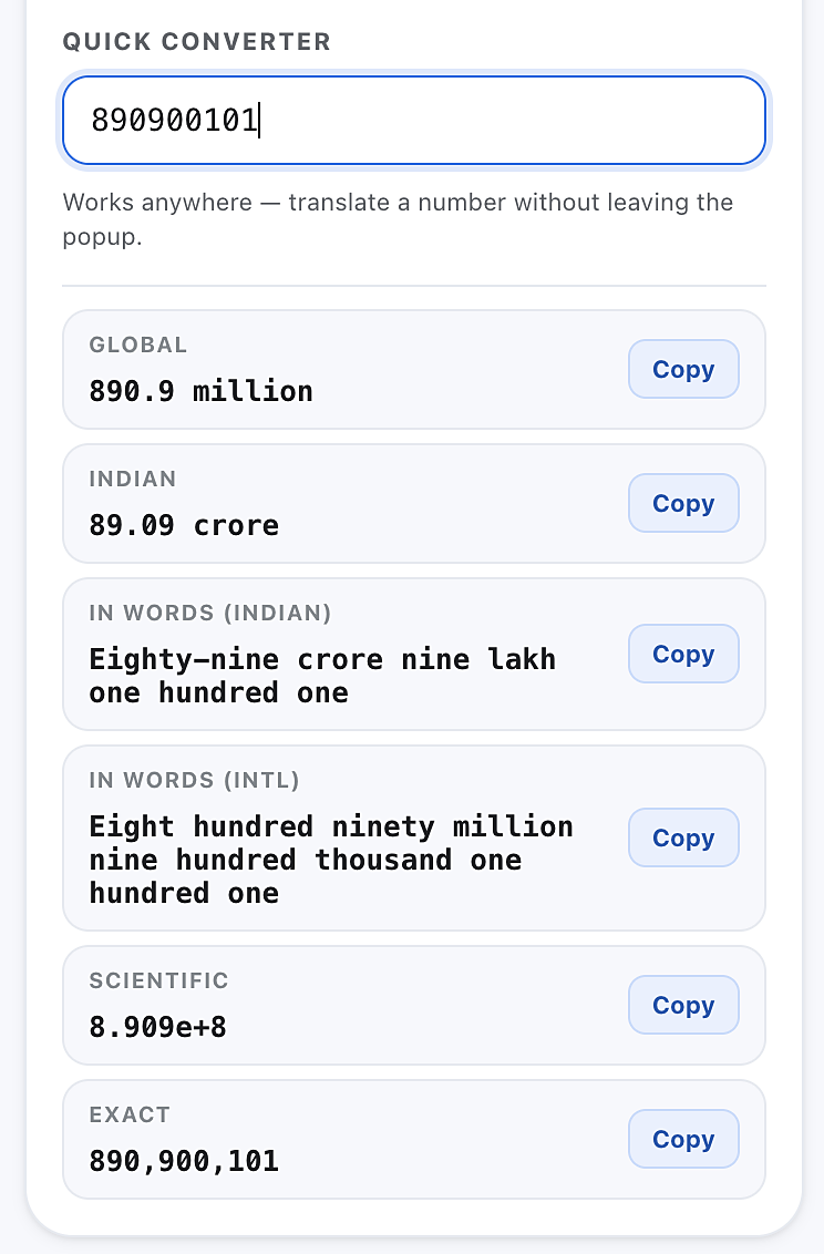 ZeroSense popup quick converter turning 890900101 into every format with one-tap copy