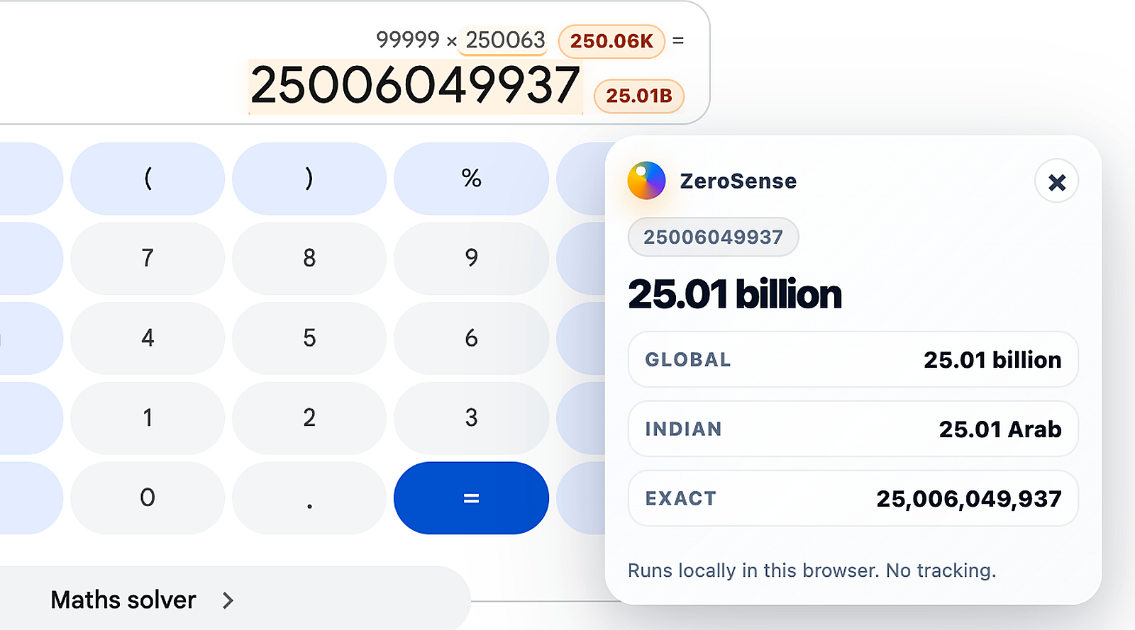 ZeroSense converting a calculator result into 25.01 billion